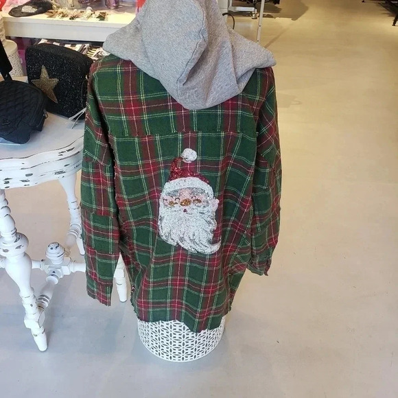 NEW Plaid Shacket Hoodie with Sequin Santa on Back - Picture 8 of 9